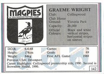 1992 AFL Regina #142 Graeme Wright Back